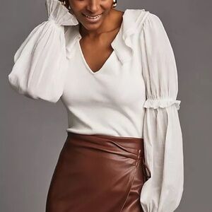 Anthropologie White Ruffled Top XSP